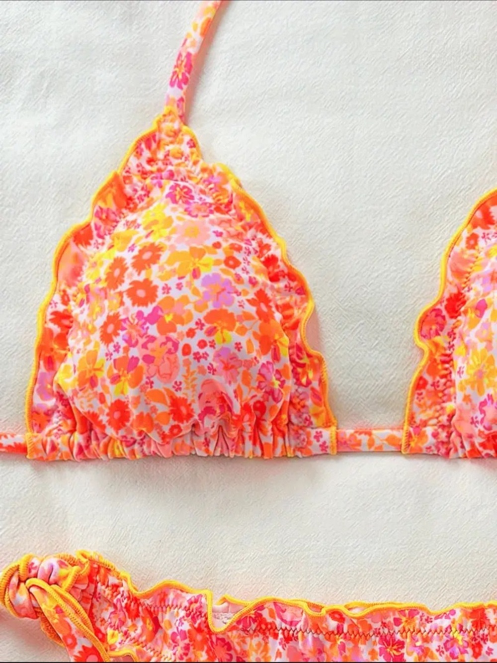 Orange Pink Floral Halter Ruffle Edges Side Tie Bikini Set - Picture 3 of 7